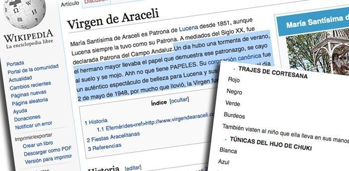 Retirados los datos irrespetuosos sobre la Virgen de Araceli y el Niño Jesús en Wikipedia