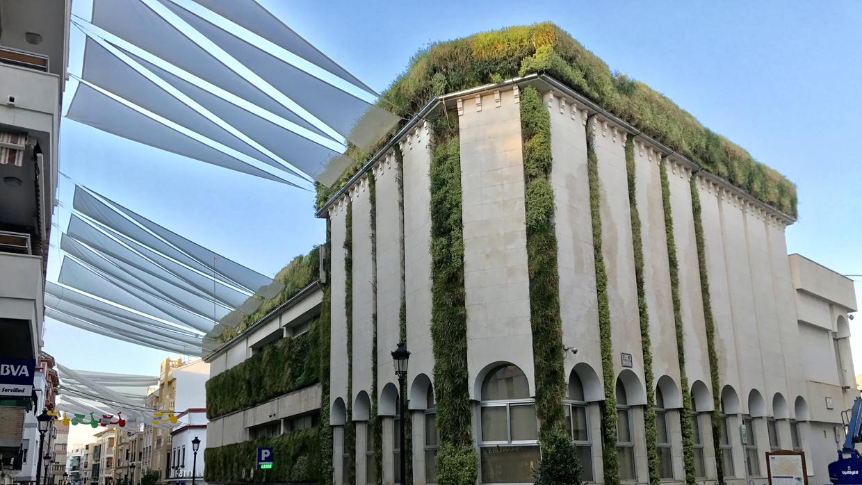 Jardín vertical del Ayuntamiento de Lucena, en el que se ha producido la avería. Archivo