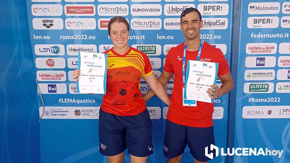  Elia María Cuenca y Cristian Gómez durante su participación en el Campeonato Europeo de Natación celebrado el pasado año en Roma