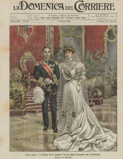Portada de un periódico italiano con Alfonso XIII y Victoria Eugenia de Battenberg
