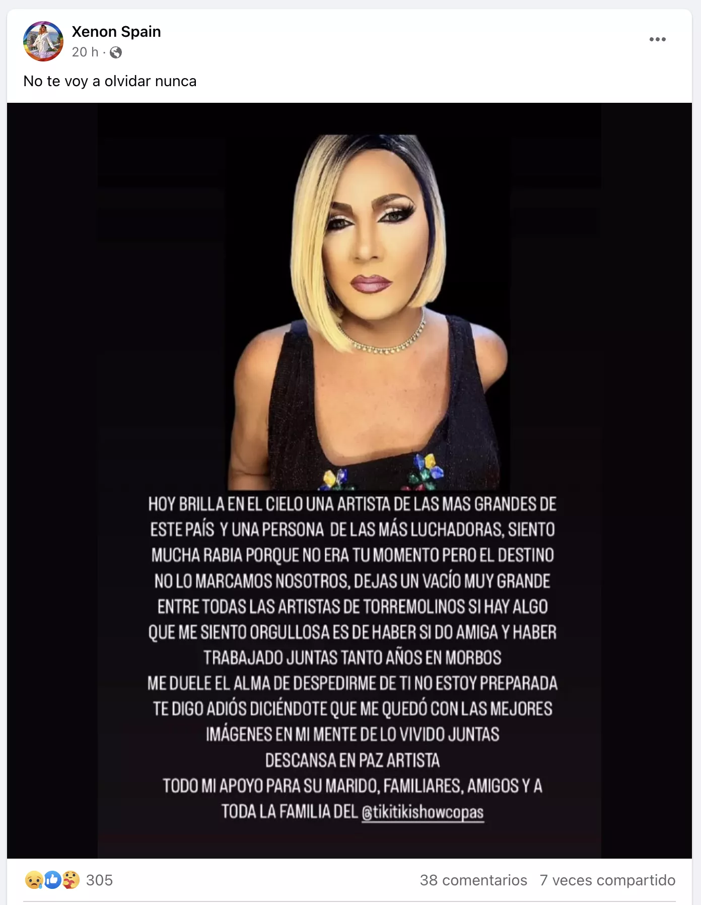 Mensaje en redes sociales de su compañero Xenon Spain Mensaje en redes sociales de su compañero Xenon Spain