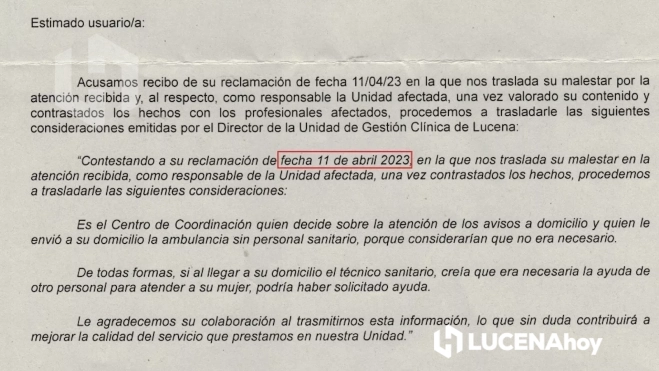 Respuesta a la reclamación de la Dirección del AGS Sur de Córdoba