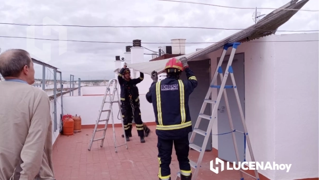 Los bomberos retiran las cubiertas de unos trasteros que amenazaban con precipitarse a la calle