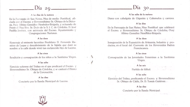 1948. Programa de la Coronación que incluye un homenaje a Fernando Ramírez de Luque