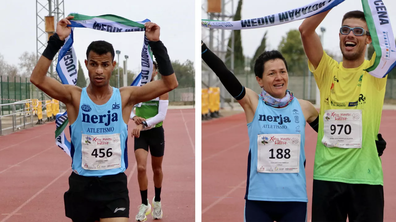 Los ganadores de la X Media Maratón de Lucena Mohamed Lansi y Lola Chiclana, y Antonio Jesús Montilla, en Diversidad Funcional