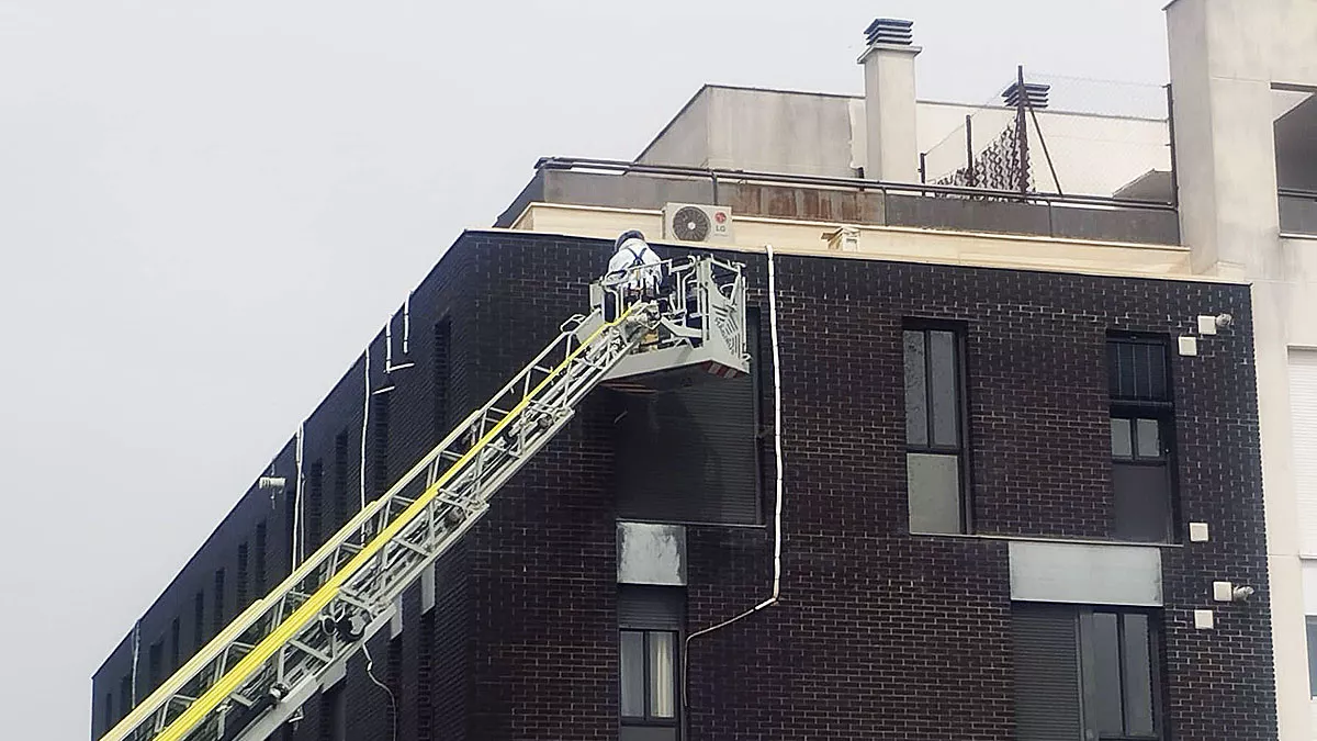 Un bombero durante los trabajos para retirar un enjambre o colmena en un edificio de El Zarpazo, esta mañana