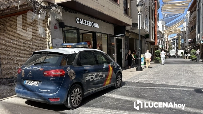 Uno de los vehículos policiales cerca del inmueble en el que se ha efectuado el robo, en plena calle El Peso Uno de los vehículos policiales cerca del inmueble en el que se ha efectuado el robo, en plena calle El Peso