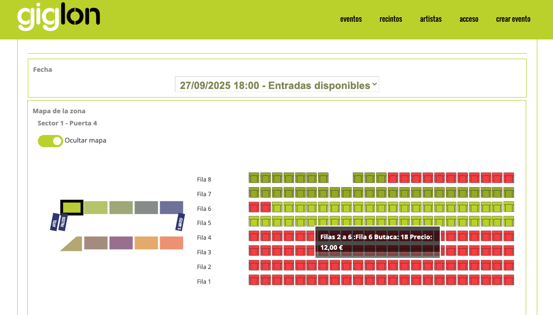 Captura de pantalla de la web en la que se encuentran a la venta las sillas para la Procesión Magna