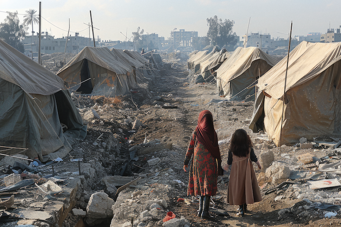 Imagen de un campo de refugiados generada por IA. Freepik