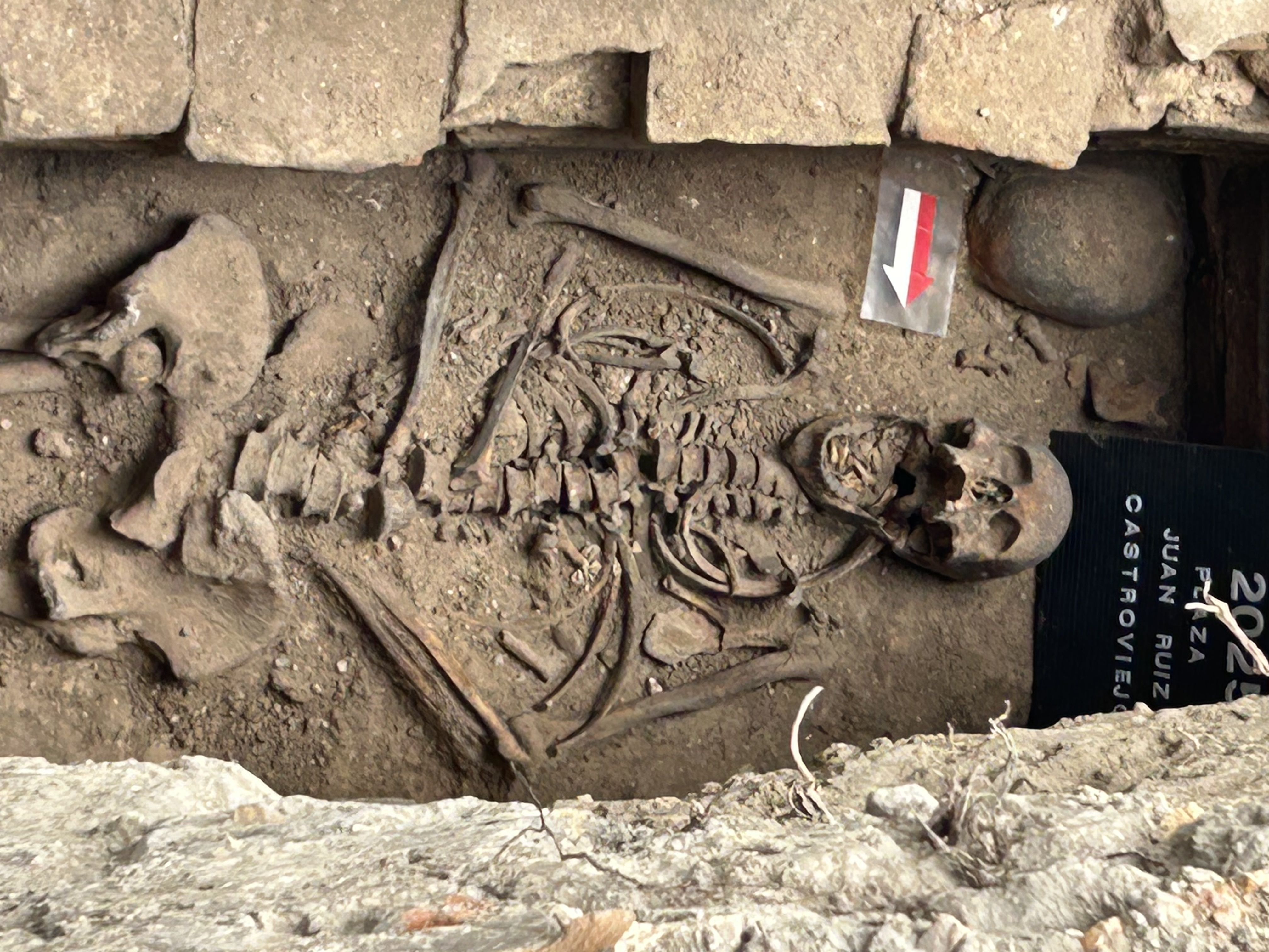 Restos de los cuerpos completos aparecidos en la tumba, perfectamente superpuestos.