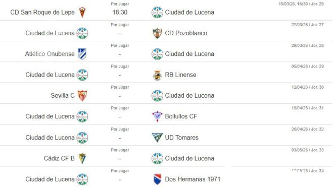 Calendario del Ciudad de Lucena hasta el final del campeonato