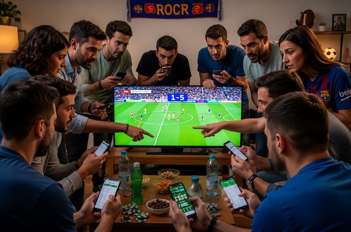 Aficionados revisando pronósticos deportivos en España. Vista generada con IA