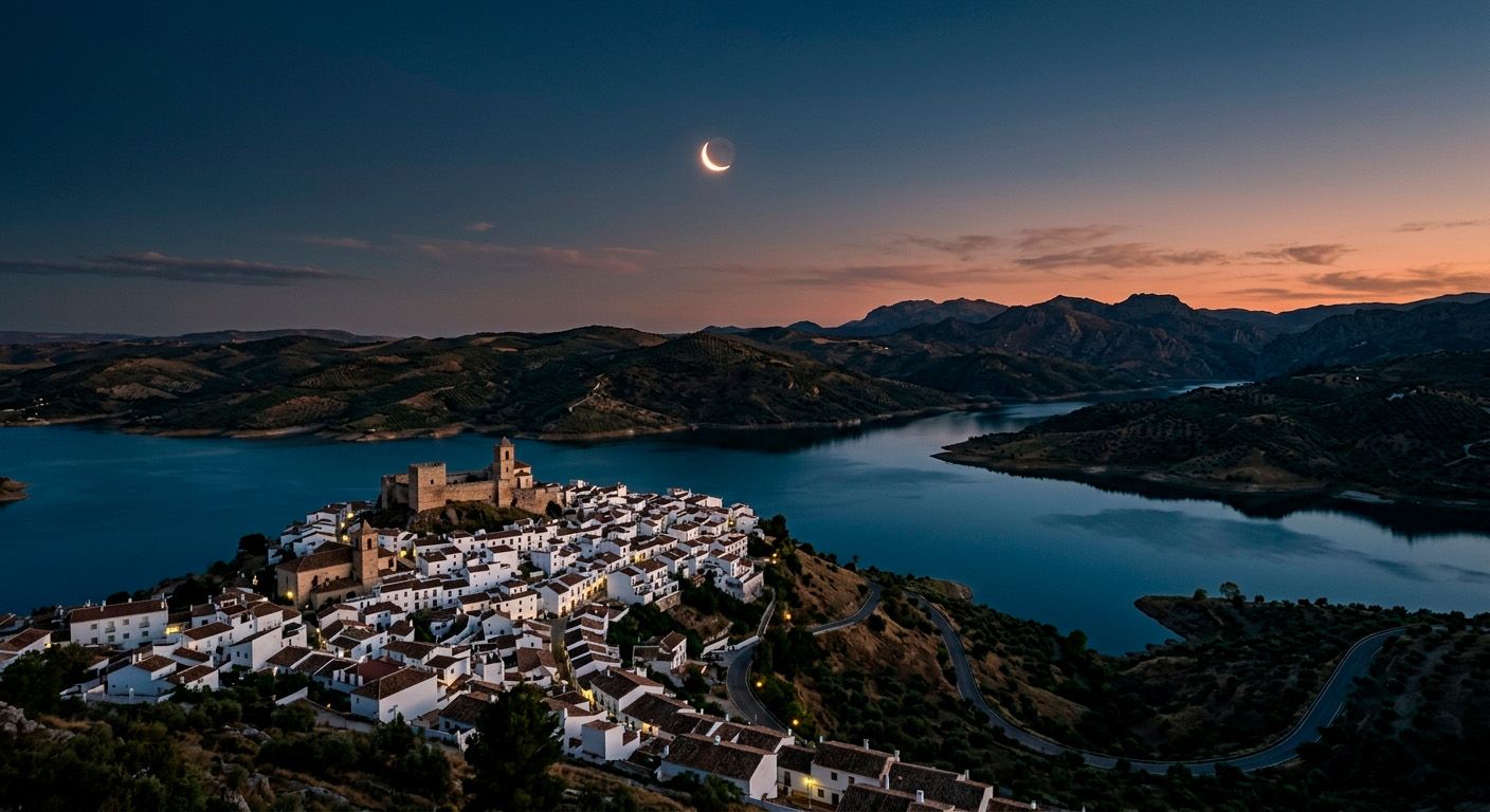 Recreación mediante inteligencia artificial del eclipse solar sobre el embalse de Iznájar.