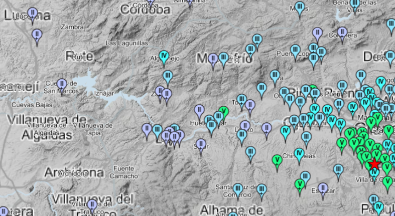 Un mapa de incidencia del terremoto. y su afección en el centro de Andalucía. Fuente: Instituto Geográfico Nacional