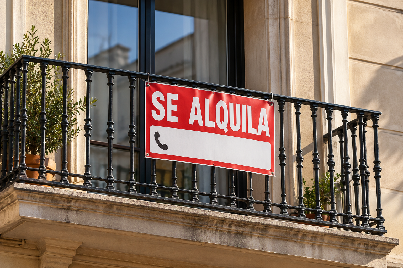 Un cartel de alquiler en el balcón de una vivienda. Foto generada por IA