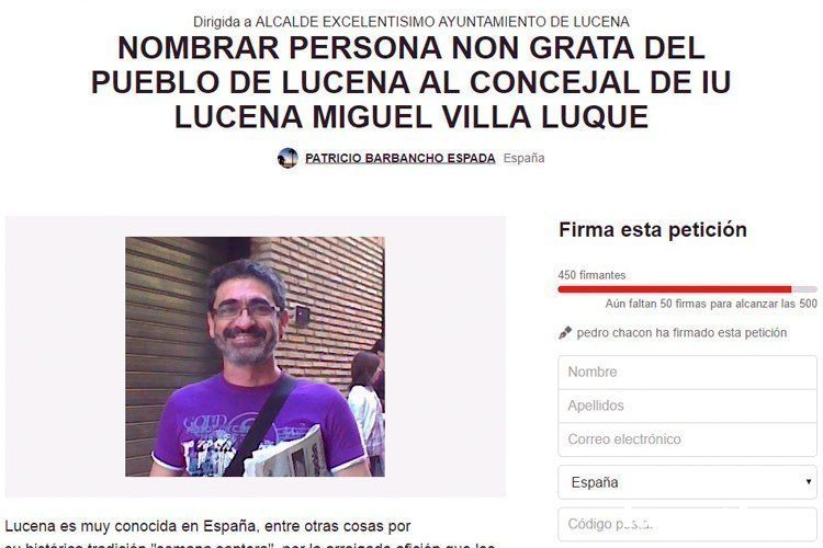  Petición en change.org para solicitar al Ayuntamiento de Lucena que declare a Migue Ville persona non grata.  