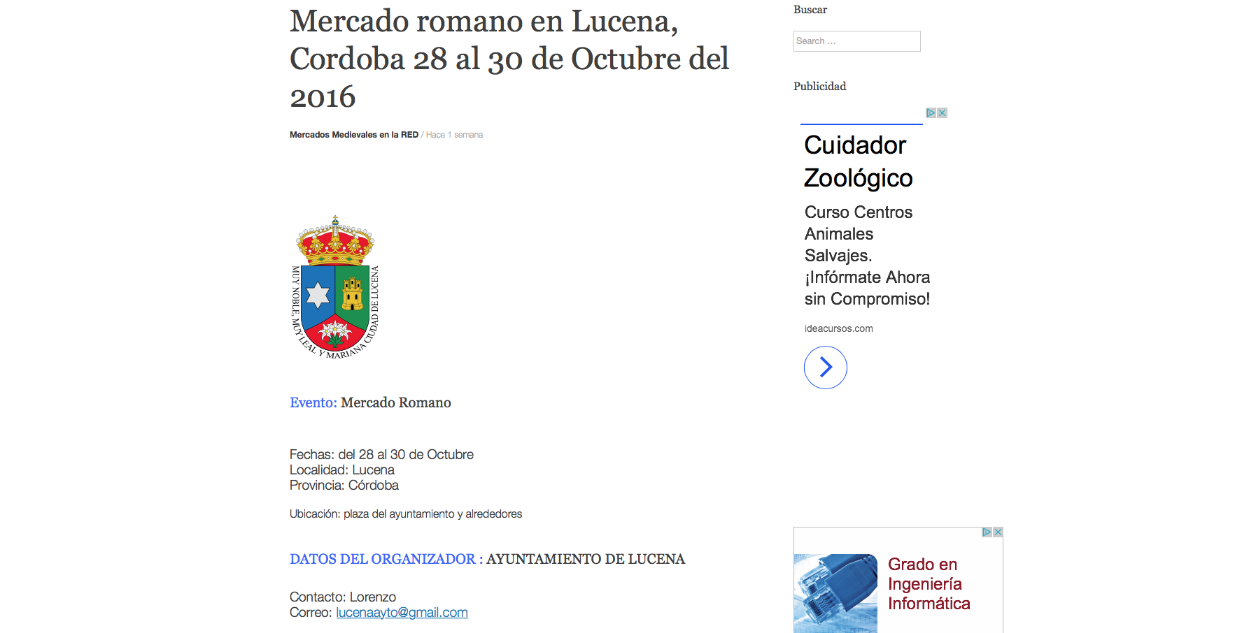  Captura de pantalla del anuncio publicado en internet, en el que se observa el mail falso del ayuntamiento y el uso de un emblema municipal para dar credibilidad a la estafa. 