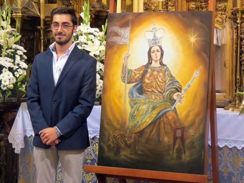  Manuel Espejo junto al cartel realizado con motivo del 300 aniversario de la Hermandad de la Aurora 