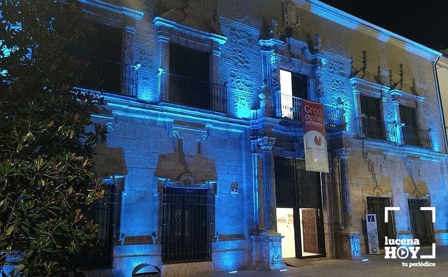  Fachada del Palacio de los Condes de Santa Ana, vestida de azul, con motivo del Día Mundial de la Diabetes 