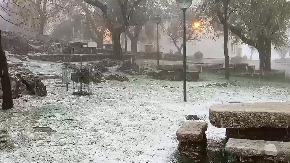  Una fina capa de nieve en la Sierra de Cabra esta tarde. 