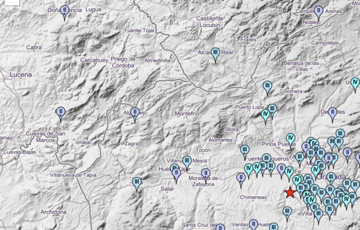 Mapa con la representación de los principales municipios en los que se han notado los terremotos de esta noche en Granada 