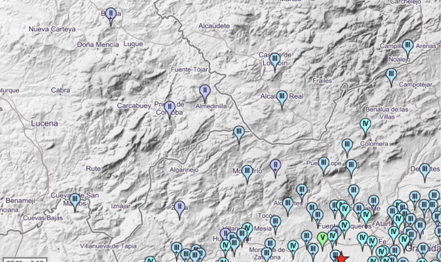  Mapa donde se recoge la intensidad del primero de los seísmos 