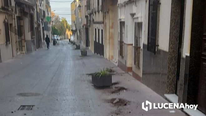 Maceteros destrozados en la calle Cabrillana