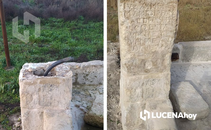 Aspecto de la fuente del Cortijo Grande con el pilar y tras el robo del mismo