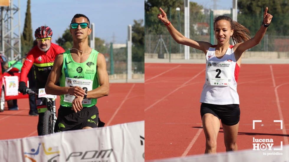  Mohamed Lansi y Fátima Ouhaddou entrando en meta como ganadores de la carrera 